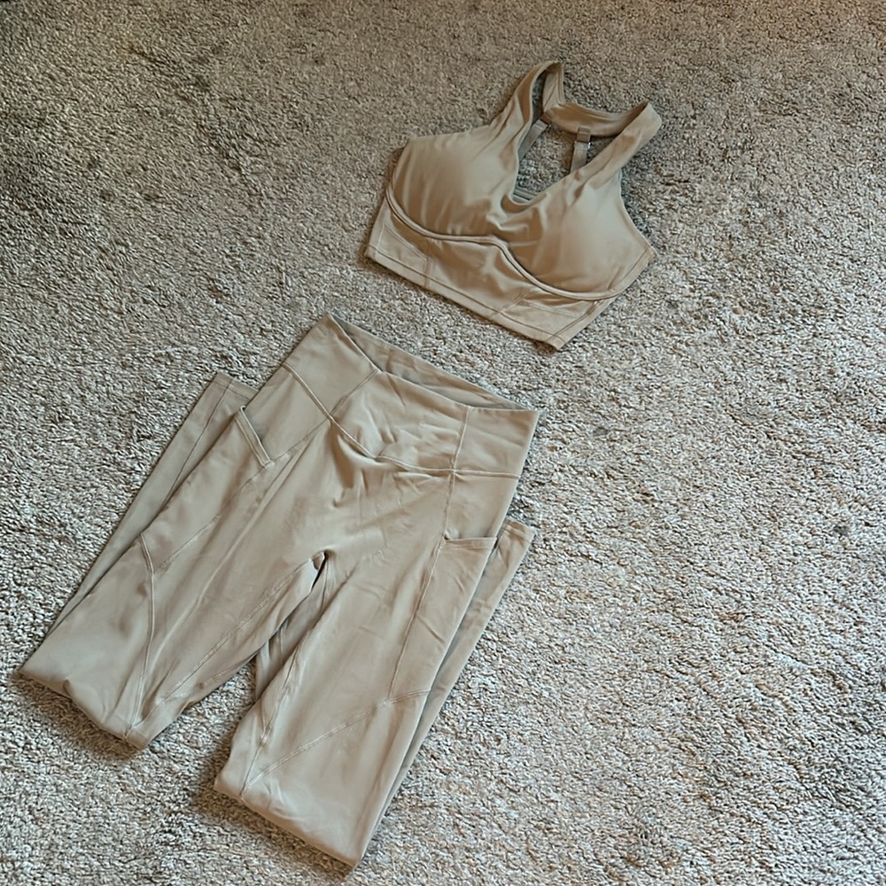 High-Waist Beige Active Leggings and Racerback Sports Bra Set